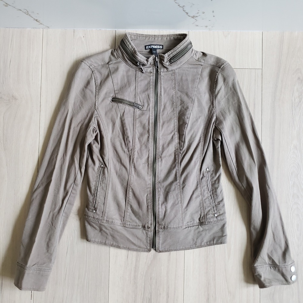 Express Moto Jacket Women 0 Taupe Brown Cotton Twill Utility Full Zip Structured